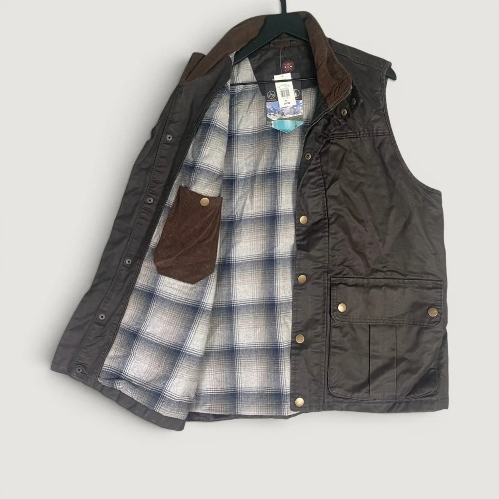 Men's XL Brown Utility Vest Plaid Lined Mountain and Isles NWT Outdoor Workwear